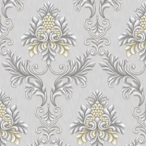 Papel de Parede Arabesco Damask Cinza com Prata e Marrom Biarritz - PDD9901