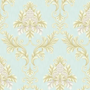 Papel de Parede Arabesco Damask Dourado com Azul Claro Biarritz - PDD9905