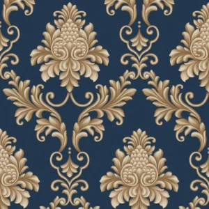 Papel de Parede Arabesco Damask Dourado com Azul Escuro Biarritz - PDD9904