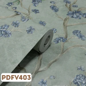 Papel de Parede Flores e Galhos Cinza, Verde e Azul - PDFV403