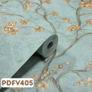 Papel de Parede Flores e Galhos Cinza, Verde e Laranja - PDFV405