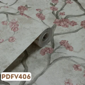 Papel de Parede Flores e Galhos Off White, Cinza e Rosa - PDFV406