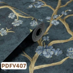 Papel de Parede Flores e Galhos Dourado Azul - PDFV407