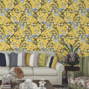 Papel de Parede Amarelo Floral Oriental Pavão - IF-675203