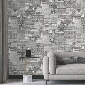 Papel de Parede Cinza e Branco Prédios e Cidades Vintage - IF-373501